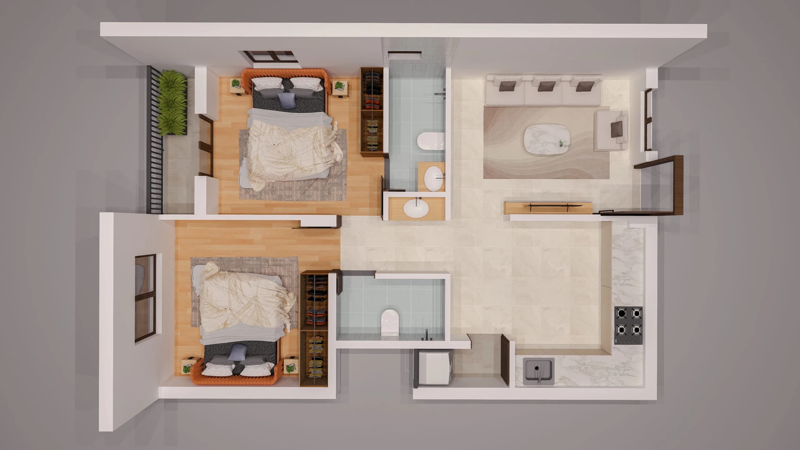 2BHK Isometric Cutout Layout