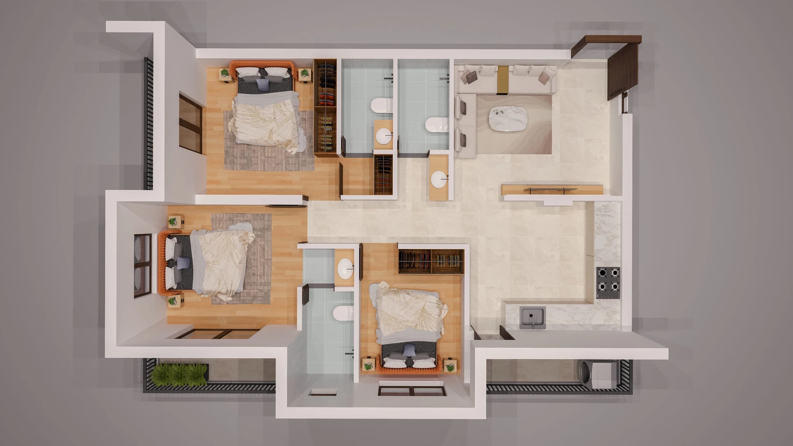 3BHK Isometric Cutout Layout